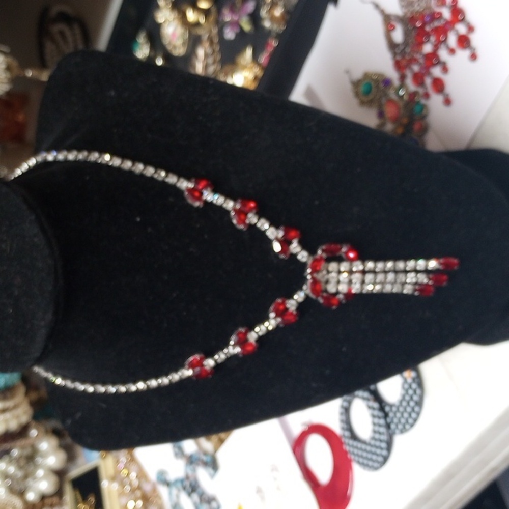Astra Red And White Rhinestone Dangle Necklace, EUC